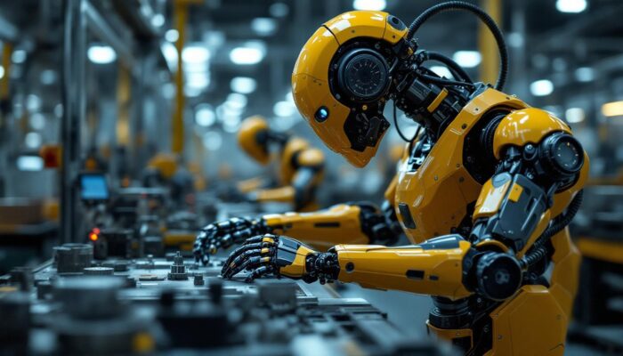 A photograph of a sleek industrial robot in action on a factory floor