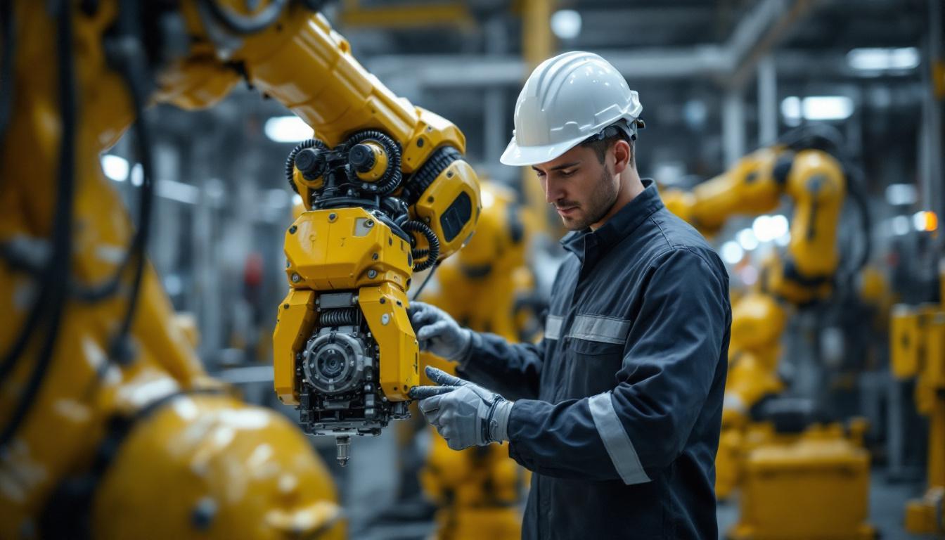 A photograph of a skilled engineer working alongside an industrial robotic arm in a modern manufacturing environment