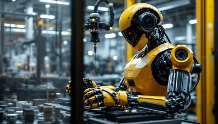 A photograph of a sleek industrial robot in action within a modern manufacturing environment