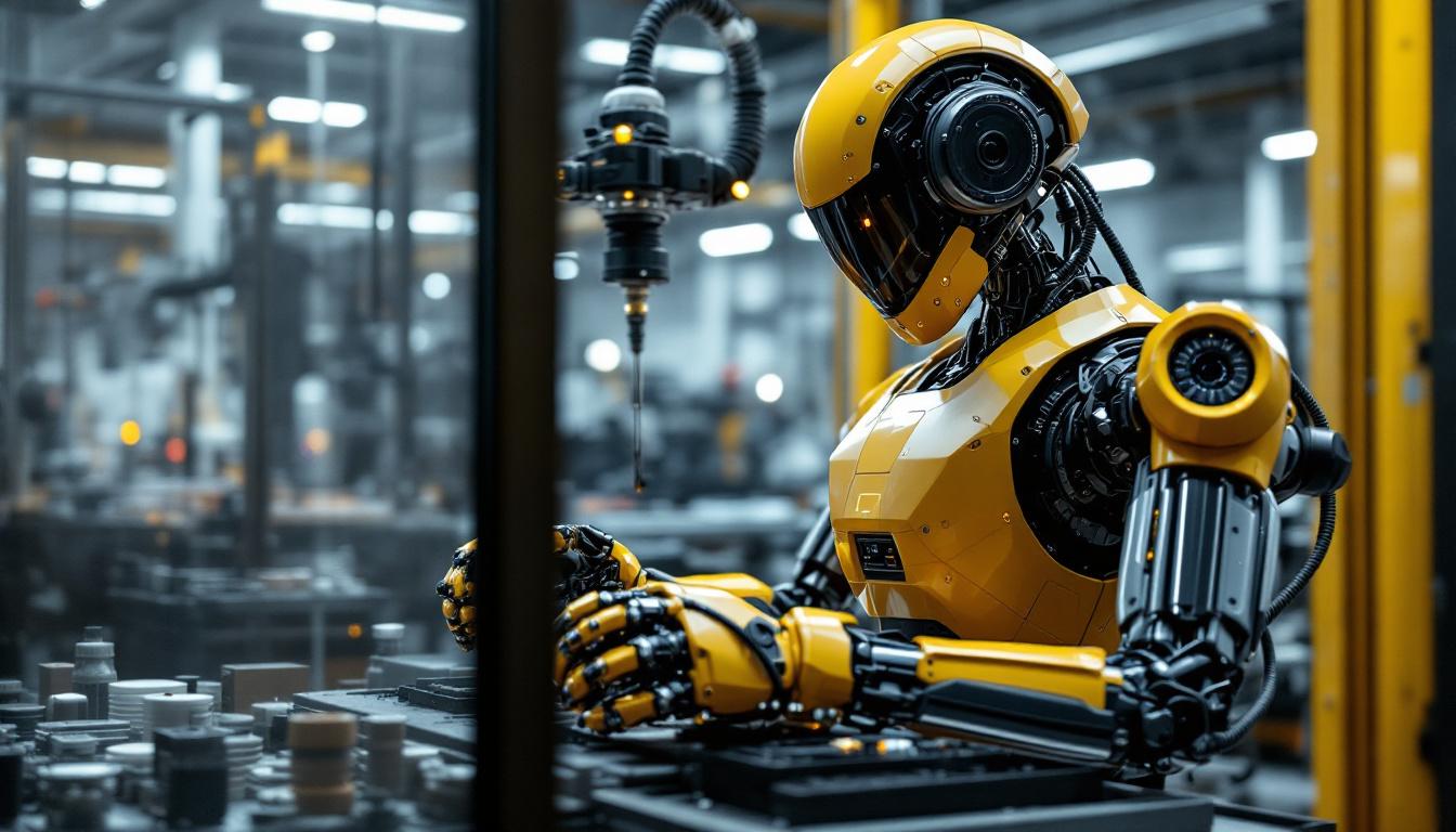 A photograph of a sleek industrial robot in action within a modern manufacturing environment