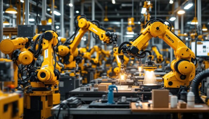 A photograph of a dynamic industrial robotics workspace