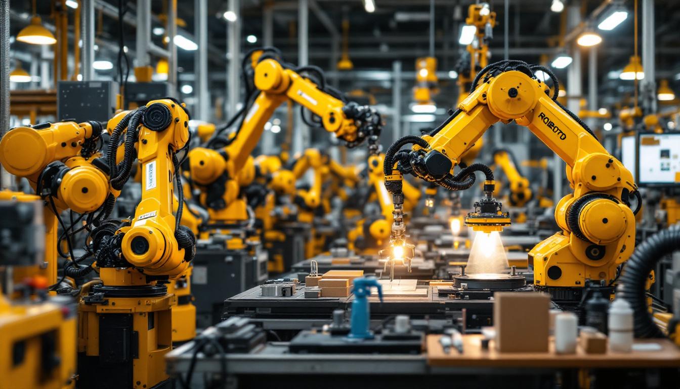 A photograph of a dynamic industrial robotics workspace