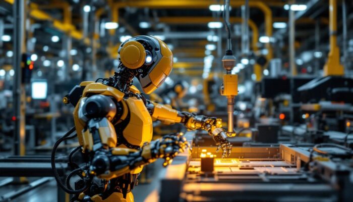 A photograph of a modern industrial robot in action within a manufacturing environment