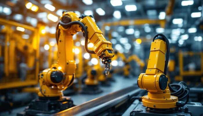 A photograph of a high-tech industrial robotic arm in action