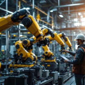 A photograph of a dynamic scene showcasing an industrial robotics environment