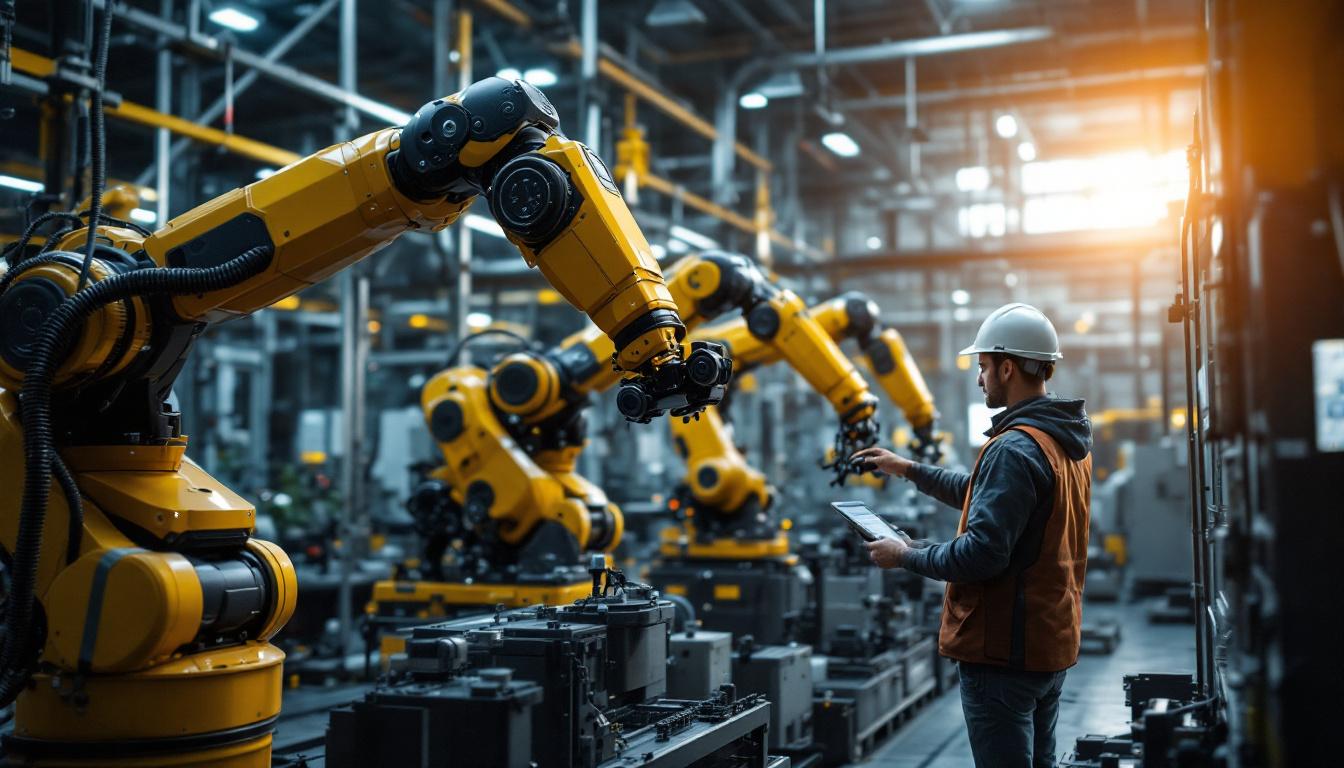 A photograph of a dynamic scene showcasing an industrial robotics environment