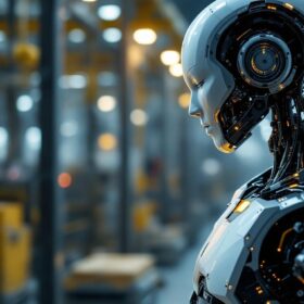 A photograph of a sleek industrial robot in action within a modern manufacturing facility
