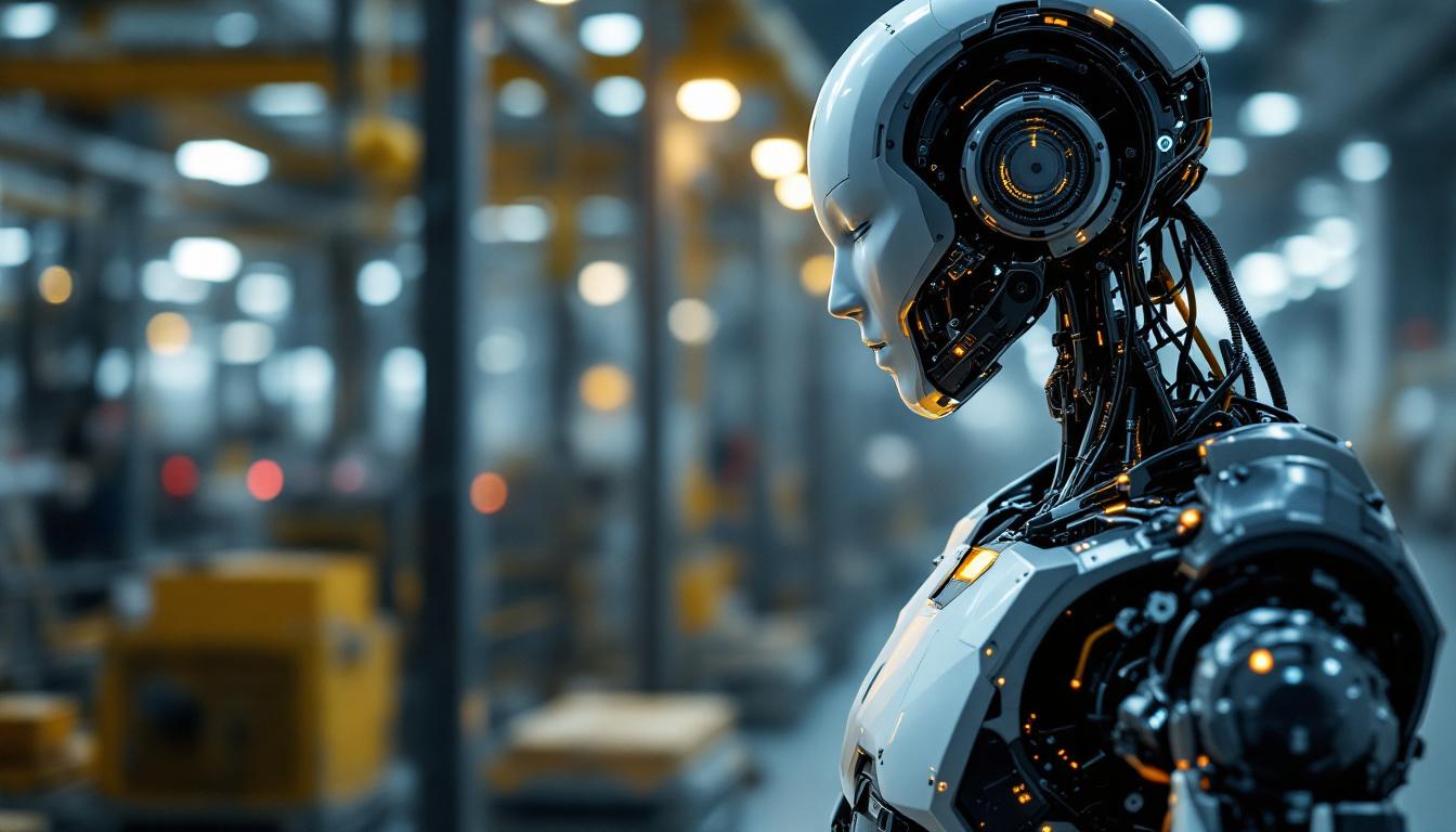A photograph of a sleek industrial robot in action within a modern manufacturing facility