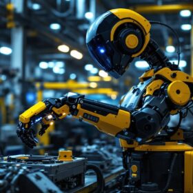 A photograph of a sleek industrial robot in action within a modern manufacturing setting