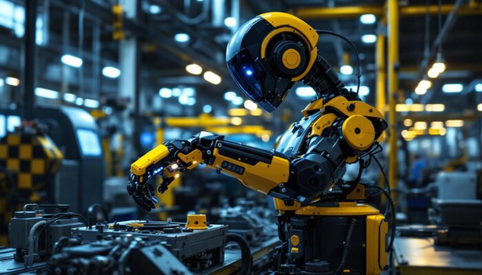 A photograph of a sleek industrial robot in action within a modern manufacturing setting