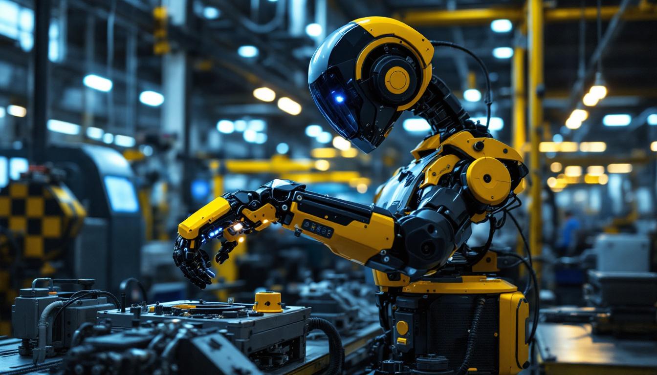 A photograph of a sleek industrial robot in action within a modern manufacturing setting