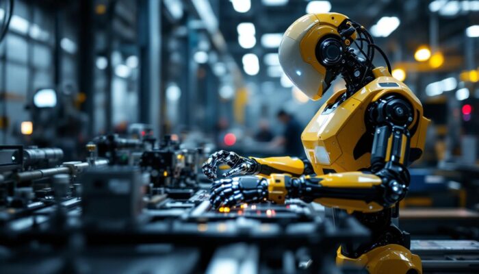 A photograph of a sleek industrial robot in action within a manufacturing setting