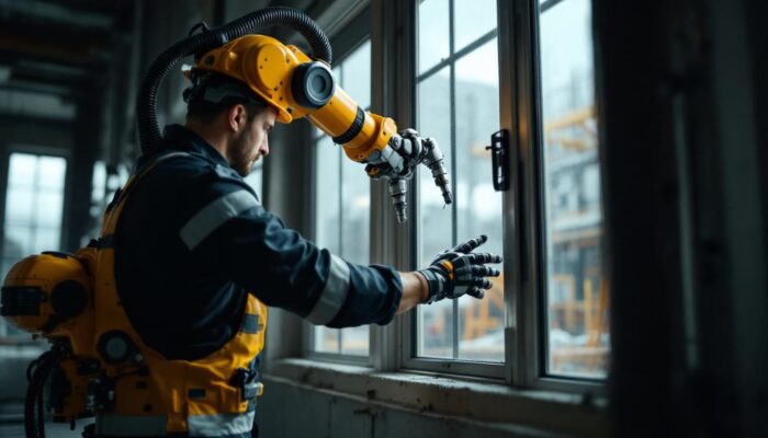A photograph of a skilled technician operating a sophisticated industrial robotic arm as it precisely frames a window in a construction setting
