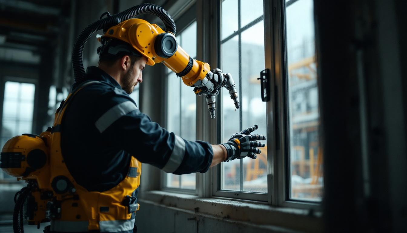 A photograph of a skilled technician operating a sophisticated industrial robotic arm as it precisely frames a window in a construction setting