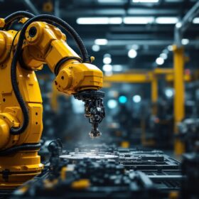 A photograph of a state-of-the-art industrial robotic arm in action within a manufacturing environment