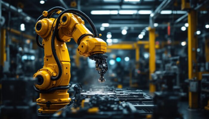 A photograph of a state-of-the-art industrial robotic arm in action within a manufacturing environment