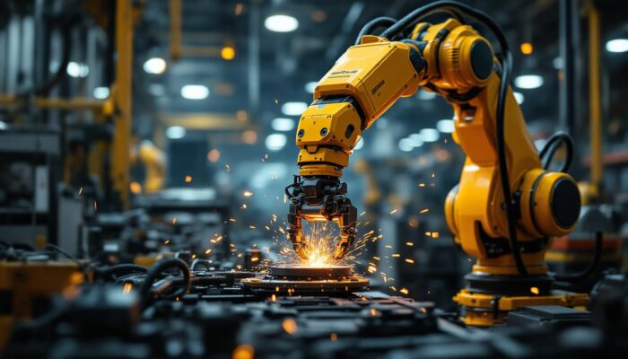 A photograph of a dynamic industrial setting featuring a general dynamics robotic arm in action