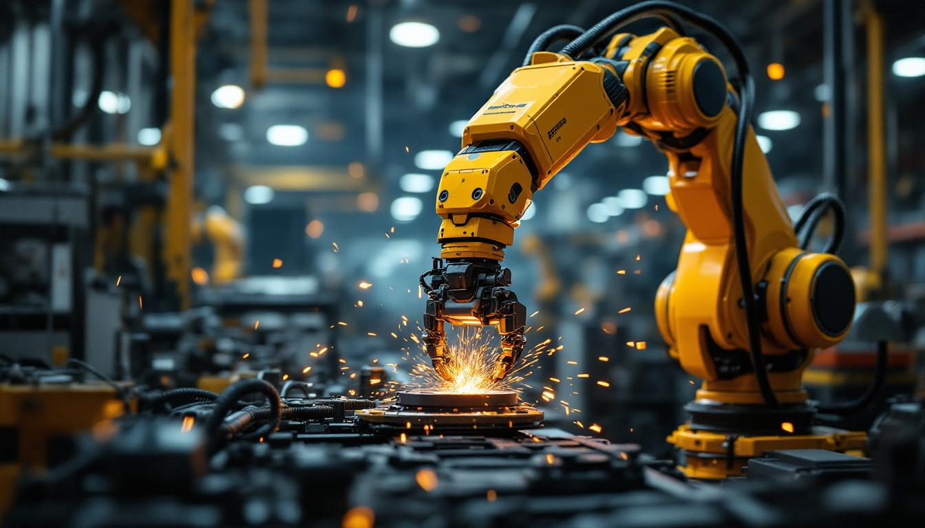 A photograph of a dynamic industrial setting featuring a general dynamics robotic arm in action