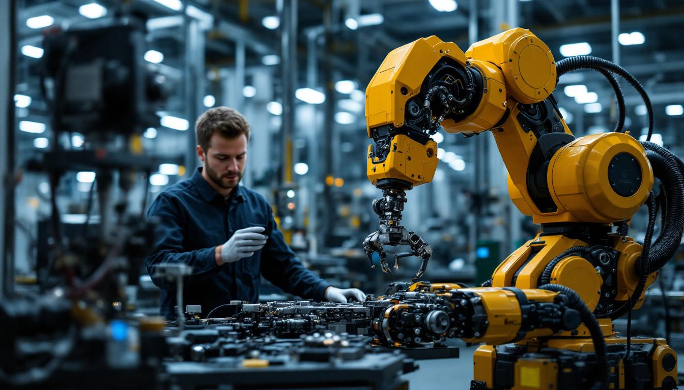 A photograph of a skilled technician programming an industrial robot in a modern manufacturing facility