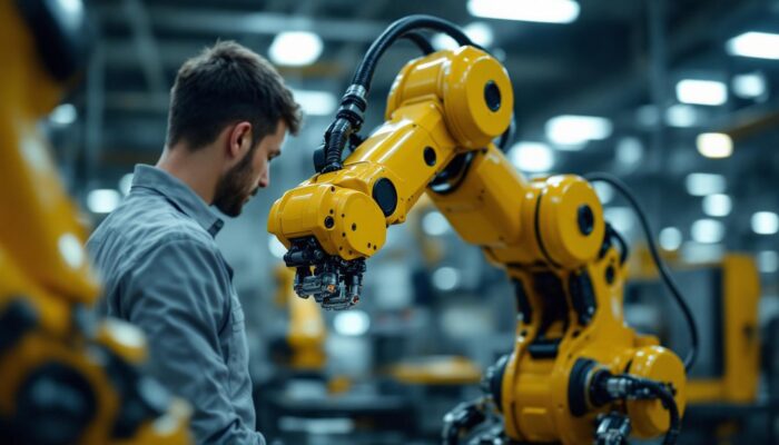 A photograph of a skilled technician programming or operating an industrial robotic arm