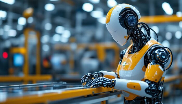 A photograph of a sleek industrial robot in action