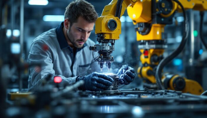 A photograph of a skilled technician performing a wet mount test on an industrial robotic component