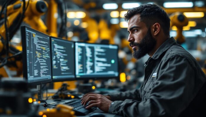 A photograph of a skilled firmware engineer working intently at a workstation