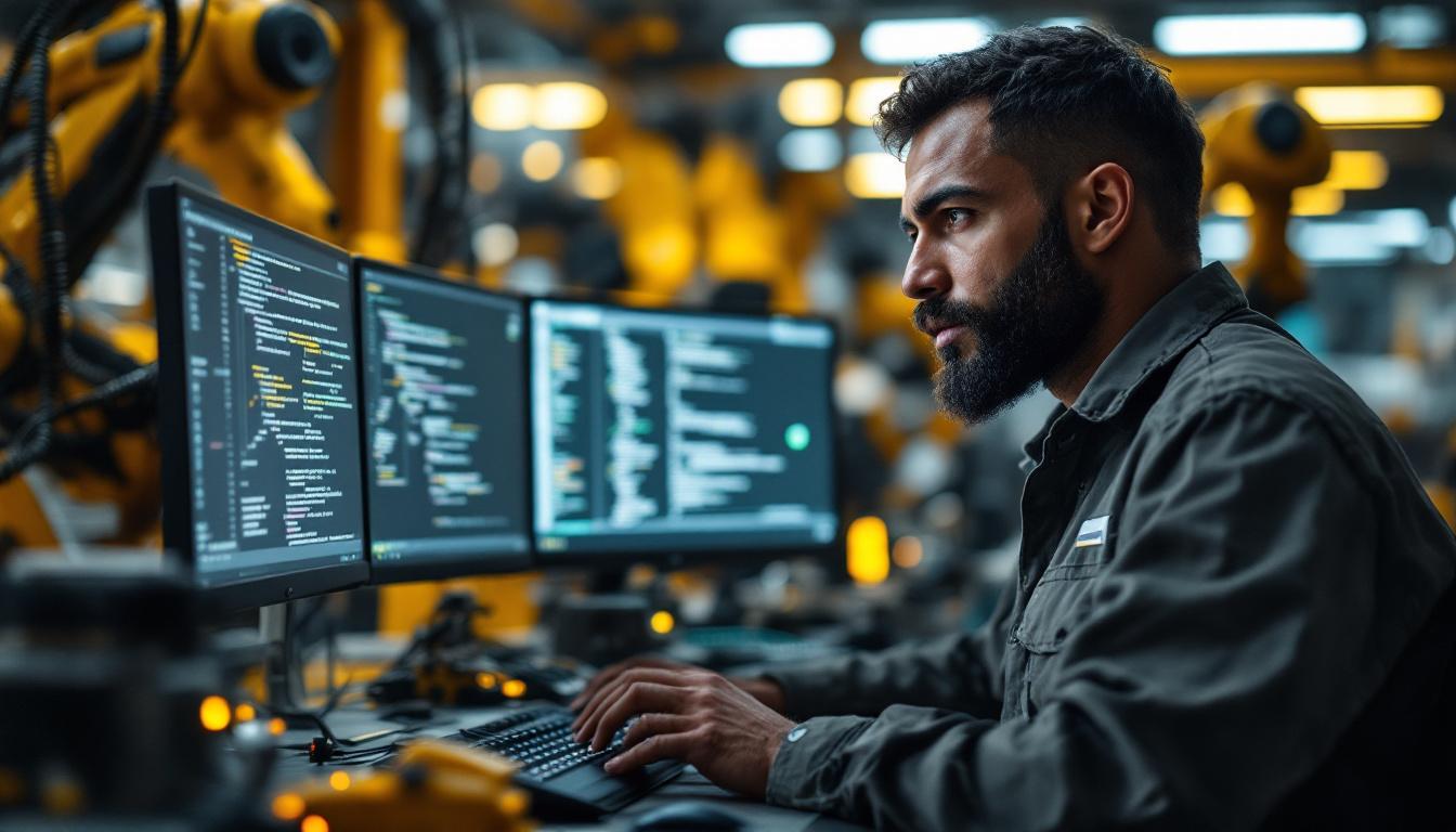 A photograph of a skilled firmware engineer working intently at a workstation