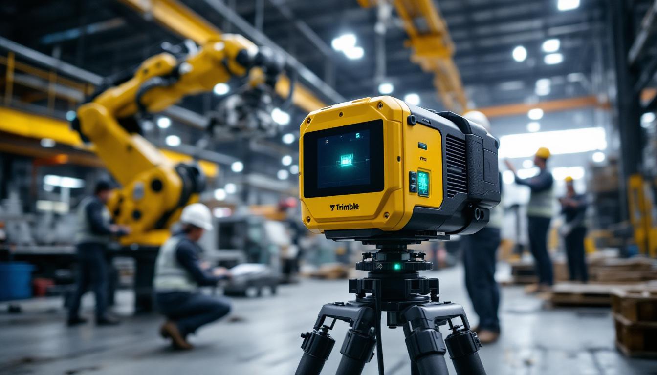 A photograph of a trimble laser scanning device in action at an industrial site