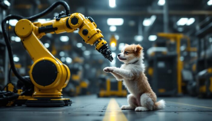A photograph of a small dog with long legs playfully interacting with a robotic arm in an industrial setting