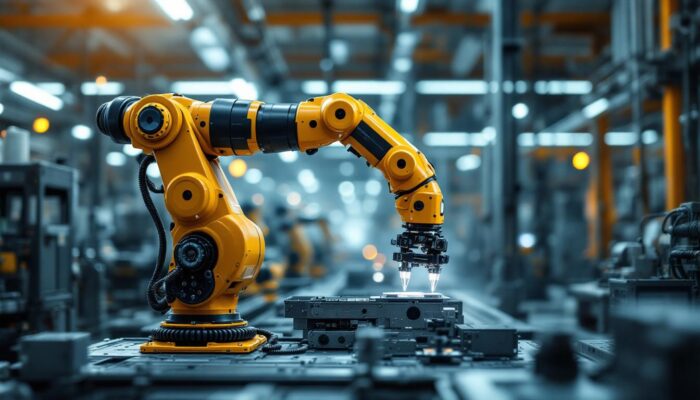 A photograph of a dynamic industrial setting showcasing a robotic arm in action