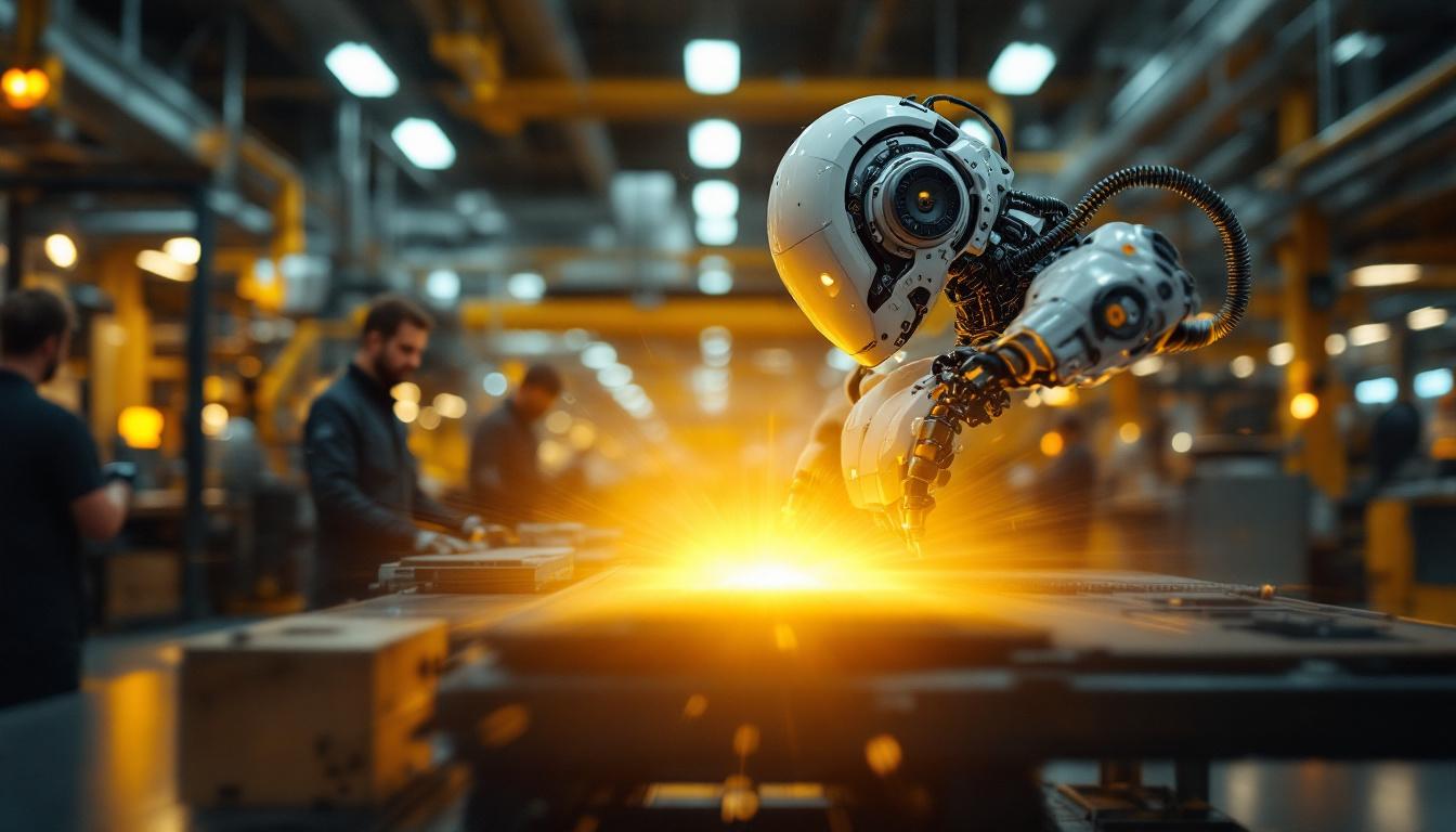 A photograph of a sleek industrial robot in action within a manufacturing facility