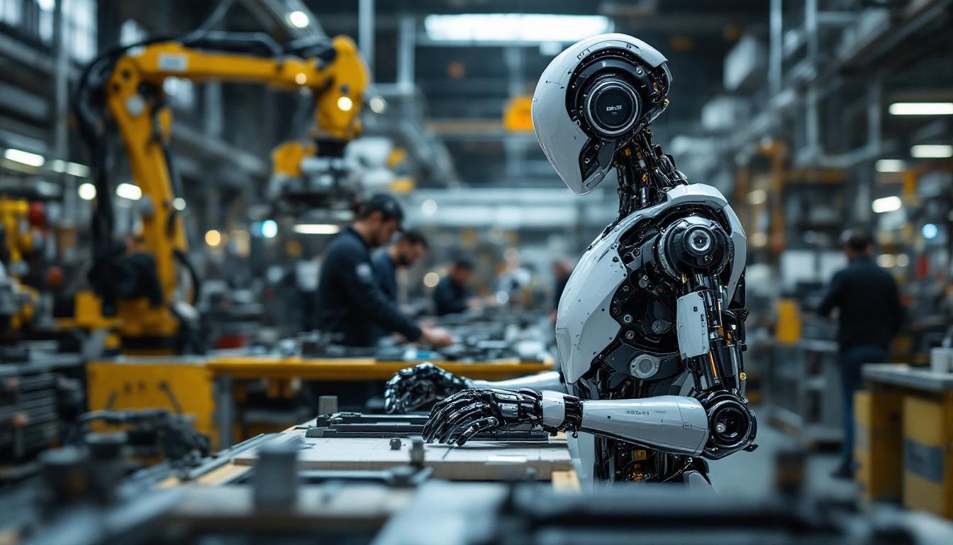 A photograph of a sleek industrial robot in action within a bustling new york city manufacturing environment