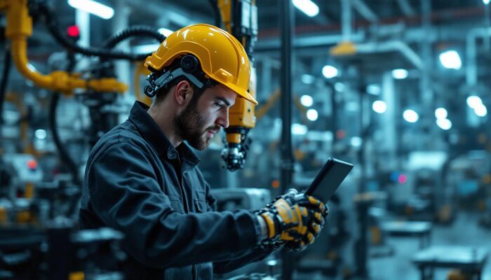 A photograph of a skilled technician programming or operating an industrial robot within a modern manufacturing facility in minneapolis