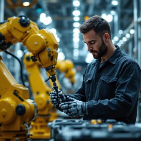 A photograph of a skilled mechanical engineer working collaboratively with industrial robots in a modern manufacturing environment