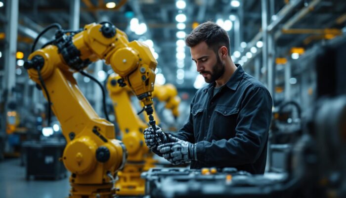 A photograph of a skilled mechanical engineer working collaboratively with industrial robots in a modern manufacturing environment
