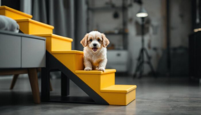 A photograph of a small dog confidently using a stylish set of dog stairs