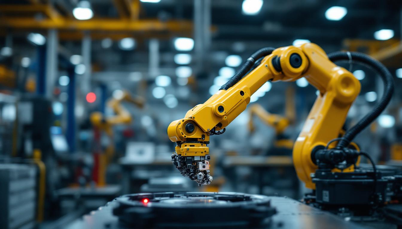 A photograph of a sleek industrial robotic arm in action at bionic auto parts in chicago