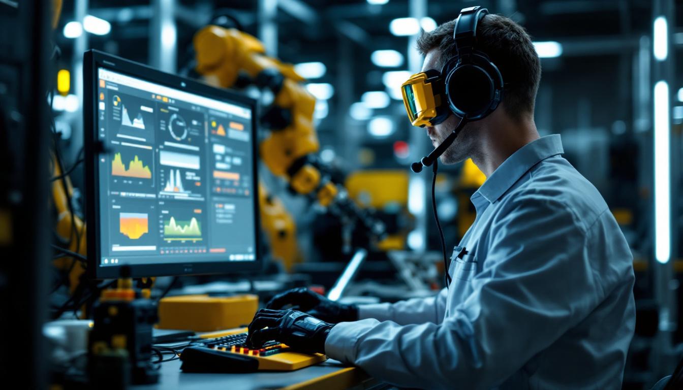 A photograph of a skilled technician programming an industrial robot at a workstation