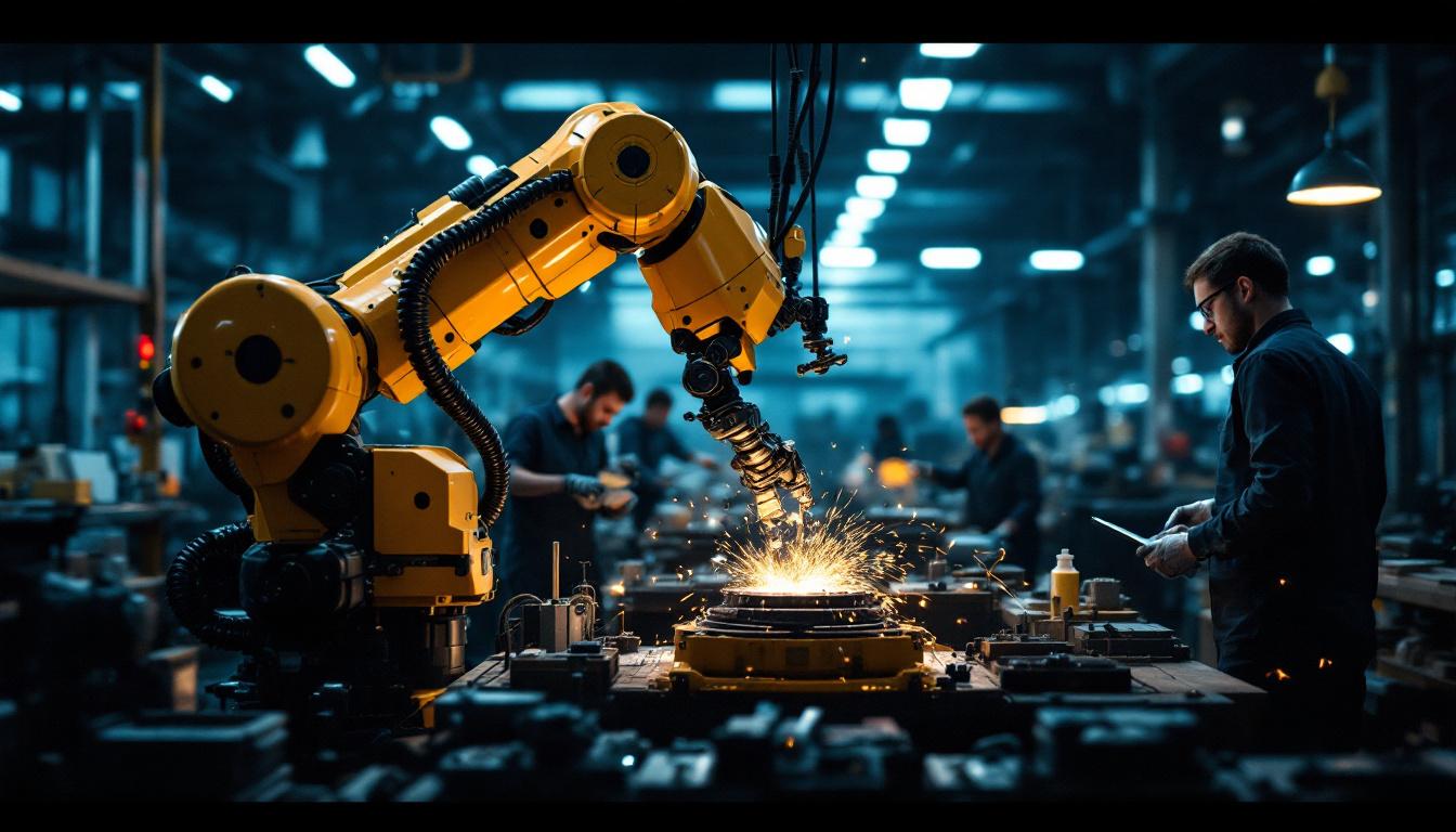 A photograph of a dynamic industrial robot in action