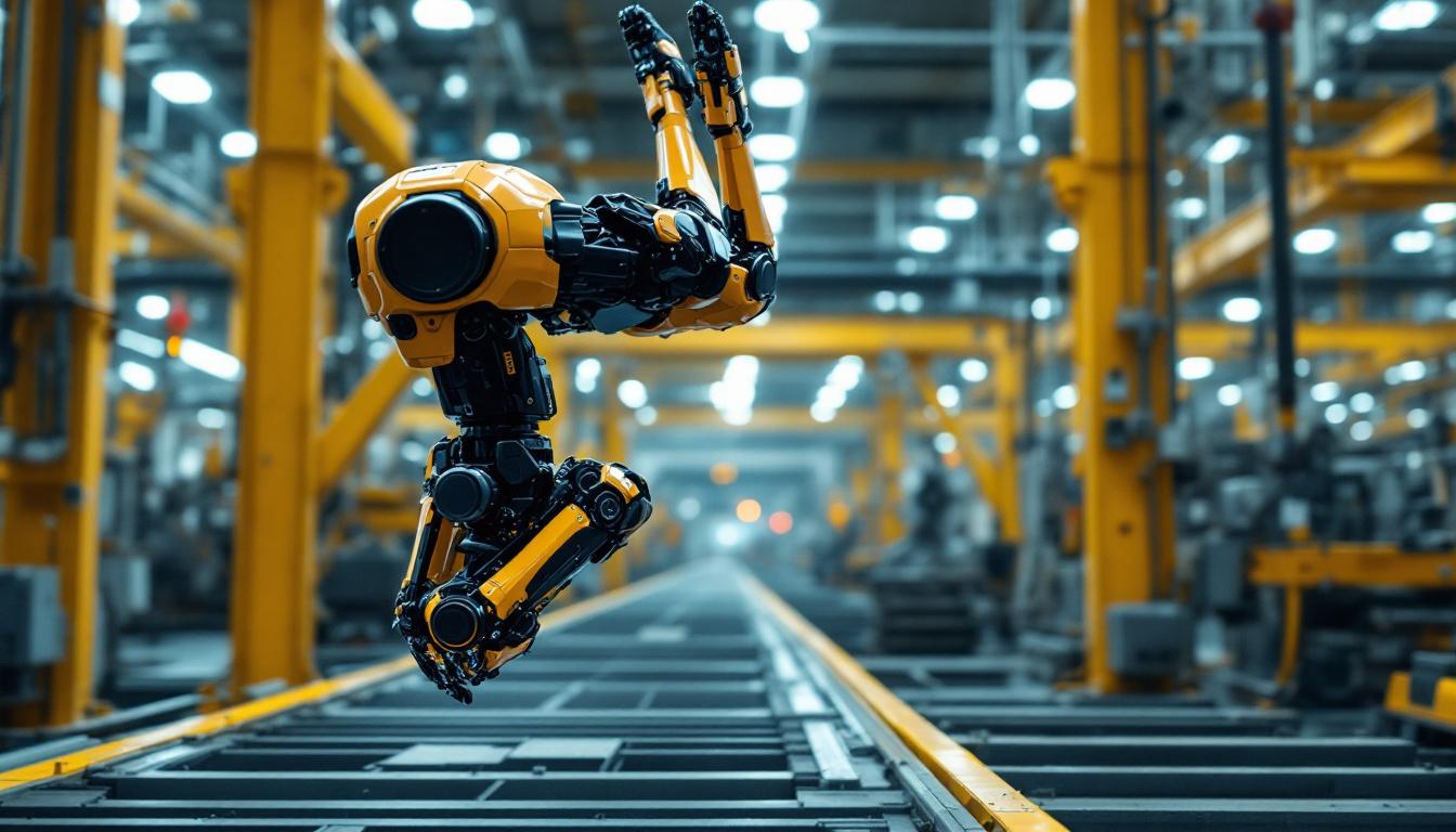 A photograph of a dynamic industrial robot performing a backflip in a factory setting