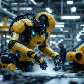 A photograph of a dynamic industrial setting featuring the atlas robot in action