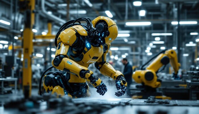 A photograph of a dynamic industrial setting featuring the atlas robot in action