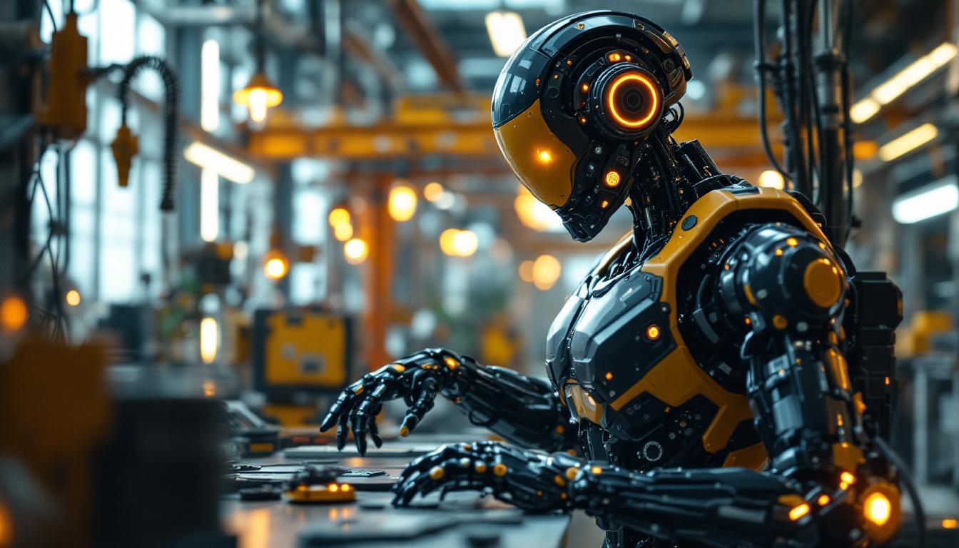 A photograph of a futuristic industrial robot in a dynamic workspace