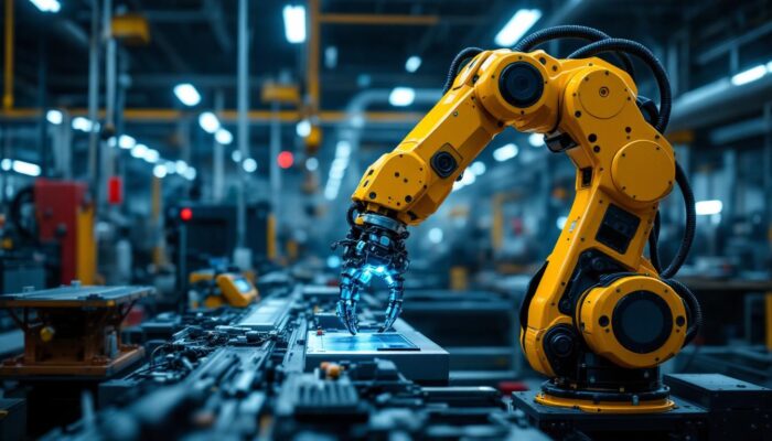 A photograph of a sleek industrial robotic arm in action