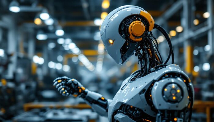 A photograph of a sleek industrial robot in action within a modern manufacturing environment