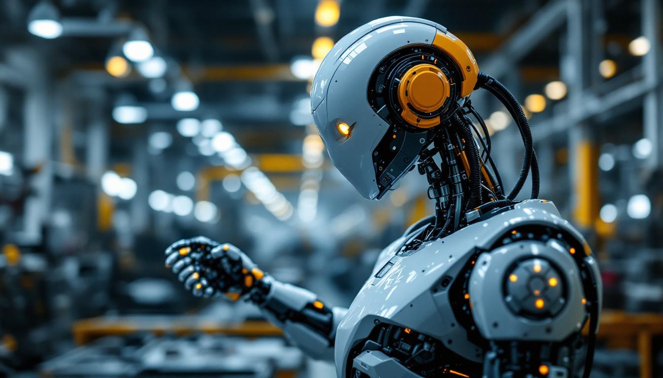 A photograph of a sleek industrial robot in action within a modern manufacturing environment