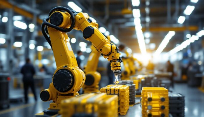 A photograph of a dynamic industrial setting where a robotic arm is actively collaborating with human workers on a production line