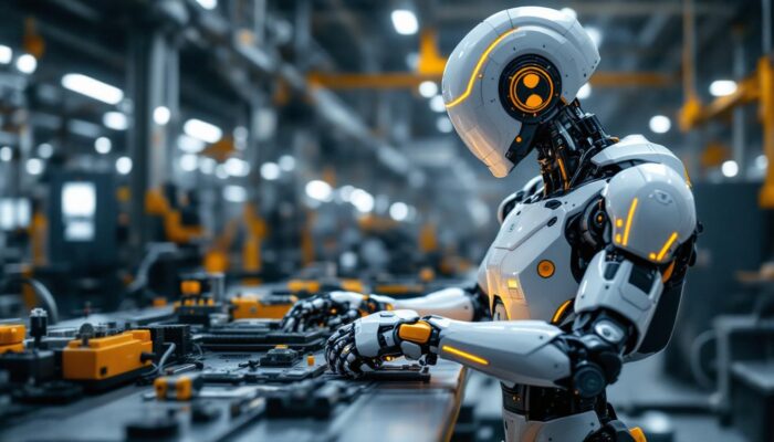 A photograph of a sleek industrial robot in action