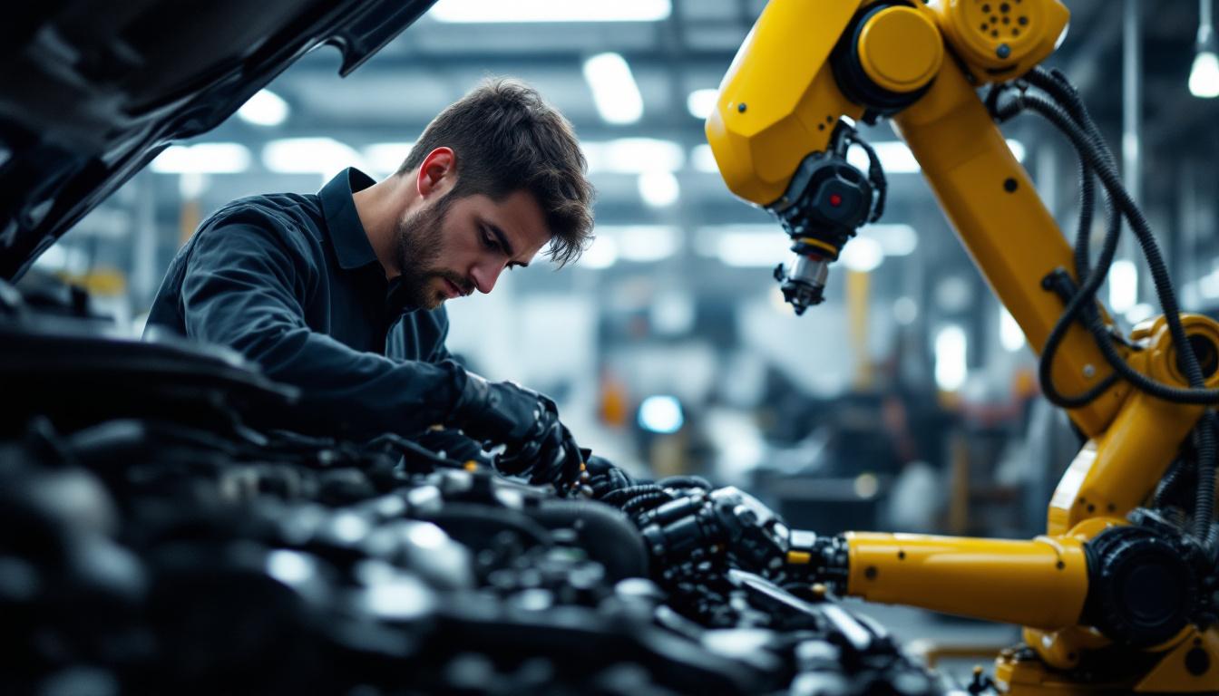 A photograph of a skilled auto mechanic working on a car alongside an industrial robot